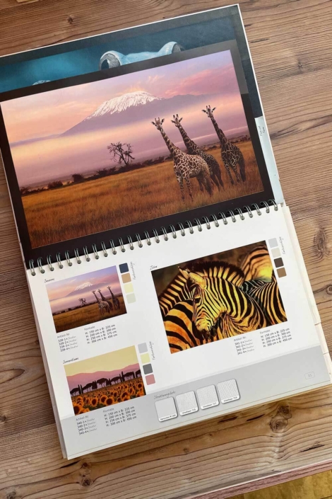 Inspirationsbuch Naturmotive & Farbwelten – Malerfachbetrieb Binder Aufgeschlagenes Inspirationsbuch im Showroom des Malerfachbetriebs Binder mit Naturmotiven, Tierfotografien und Farbmustern für Wandgestaltung